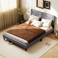 Full Linen Platform Bed with Geometric Quilted Headboard and 10 LVL Slats