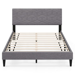 Full Linen Platform Bed with Geometric Quilted Headboard and 10 LVL Slats