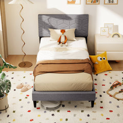 Twin Linen Platform Bed with Geometric Quilted Headboard and 10 LVL Slats