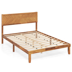 Full Acacia Wood Platform Bed with 41 Inch Headboard and 12 Plywood Slats, Natural
