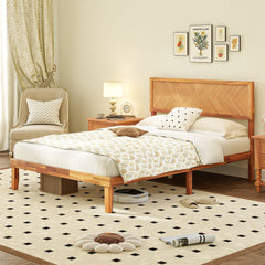 Full Acacia Wood Platform Bed with 41 Inch Headboard and 12 Plywood Slats, Natural