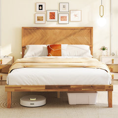 Full Acacia Wood Platform Bed with 41 Inch Headboard and 12 Plywood Slats, Natural