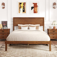 Full Acacia Wood Platform Bed with 41 Inch Headboard and 12 Plywood Slats, Walnut