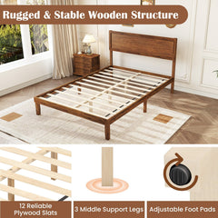 Full Acacia Wood Platform Bed with 41 Inch Headboard and 12 Plywood Slats, Walnut