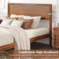 Full Acacia Wood Platform Bed with 41 Inch Headboard and 12 Plywood Slats, Walnut