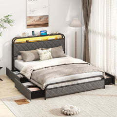 Queen Metal Storage Bed with LED Lights, Charging Station and 4 Fabric Drawers, Black and grey