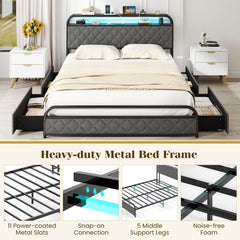 Queen Metal Storage Bed with LED Lights, Charging Station and 4 Fabric Drawers, Black and grey