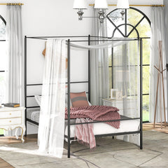 Full Metal Canopy Bed with 4 Posts, 11 Metal Slats and 12.5 Inch Clearance