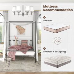 Full Metal Canopy Bed with 4 Posts, 11 Metal Slats and 12.5 Inch Clearance