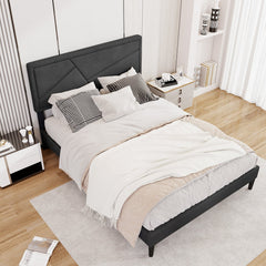 Full Upholstered Platform Bed with 44 Inch High Headboard and 12 Plywood Slats