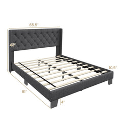 Queen Upholstered Platform Bed with Diamond Tufted Wingback Headboard, Grey