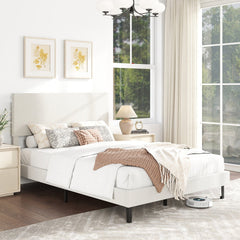 Full Velvet Platform Bed with Chevron Headboard at 3 Adjustable Heights, Beige
