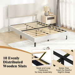 Full Velvet Platform Bed with Chevron Headboard at 3 Adjustable Heights, Beige