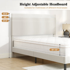 Full Velvet Platform Bed with Chevron Headboard at 3 Adjustable Heights, Beige