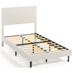 Twin Velvet Platform Bed with Chevron Headboard at 3 Adjustable Heights, Beige