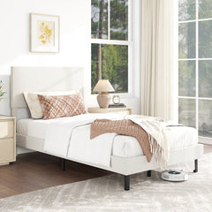 Twin Velvet Platform Bed with Chevron Headboard at 3 Adjustable Heights, Beige