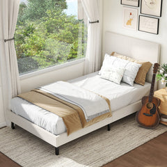 Twin Velvet Platform Bed with Chevron Headboard at 3 Adjustable Heights, Beige