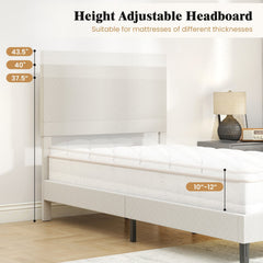Twin Velvet Platform Bed with Chevron Headboard at 3 Adjustable Heights, Beige
