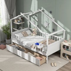 Twin House Bed with Roof, Fence Rails and 2 Storage Drawers, White