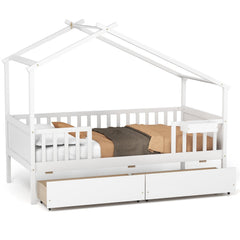 Twin House Bed with Roof, Fence Rails and 2 Storage Drawers, White
