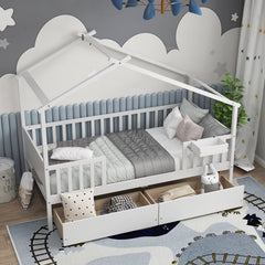 Twin House Bed with Roof, Fence Rails and 2 Storage Drawers, White