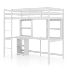 Twin Loft Bed with LED Light and Desk No Box Spring Needed-White