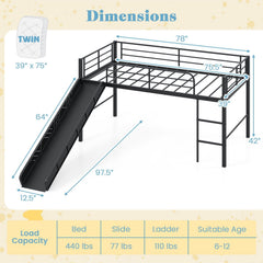 Twin Metal Loft Bed with Slide with Safety Guardrails and Built-in Ladder-Black