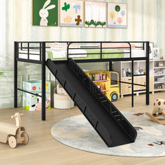 Twin Metal Loft Bed with Slide with Safety Guardrails and Built-in Ladder-Black