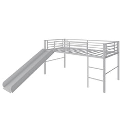 Twin Metal Loft Bed with Slide with Safety Guardrails and Built-in Ladder-Silver