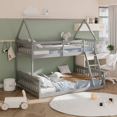 Twin Over Full House Bunk Bed with Ladder and Guardrails-Gray