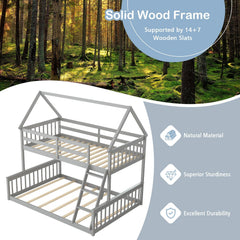 Twin Over Full House Bunk Bed with Ladder and Guardrails-Gray