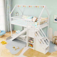 Twin Over Twin Bunk Bed with Slide and Staircase-White