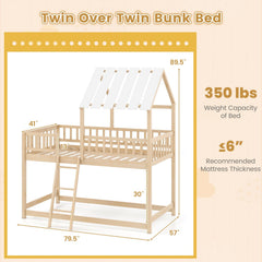 Twin Over Twin House Bunk Bed with Roof and Full-length Guardrails for Kids Teens Boys Girls-Natural