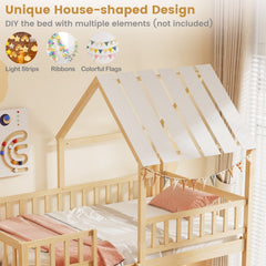 Twin Over Twin House Bunk Bed with Roof and Full-length Guardrails for Kids Teens Boys Girls-Natural