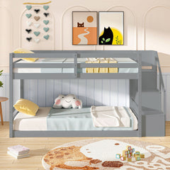 Twin Over Twin Low Bunk Bed with Storage Stairs Solid Wood Floor Bunk Bed Frame-Gray