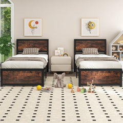 Twin Metal Platform Bed with 41 Inch Industrial Headboard and Mute Bars