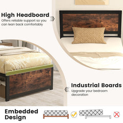 Twin Metal Platform Bed with 41 Inch Industrial Headboard and Mute Bars