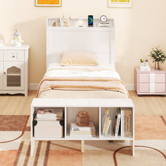 Twin Bed with Storage Headboard, Footboard Shelves, 2 USB Ports and LED Light
