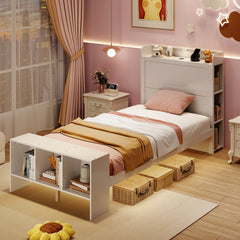 Twin Bed with Storage Headboard, Footboard Shelves, 2 USB Ports and LED Light