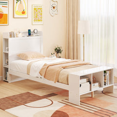 Twin Bed with Storage Headboard, Footboard Shelves, 2 USB Ports and LED Light