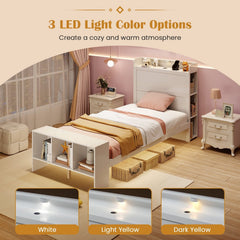 Twin Bed with Storage Headboard, Footboard Shelves, 2 USB Ports and LED Light