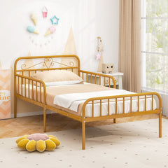 Twin Metal Bed with Scrolled Headboard and 10.5 Inch Side Guardrails, Gold