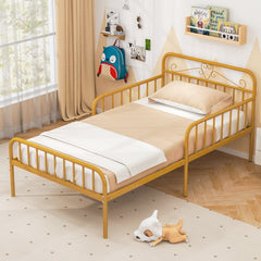 Twin Metal Bed with Scrolled Headboard and 10.5 Inch Side Guardrails, Gold