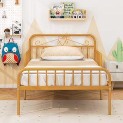 Twin Metal Bed with Scrolled Headboard and 10.5 Inch Side Guardrails, Gold