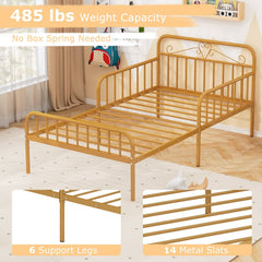 Twin Metal Bed with Scrolled Headboard and 10.5 Inch Side Guardrails, Gold