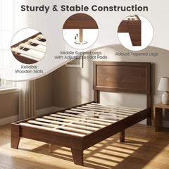 Twin Wood Platform Bed with Mid Century Headboard and 6 Inch Clearance, Walnut