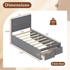 Twin Bed with 2 Storage Drawers, Panelled Headboard and Enclosed Base, Grey