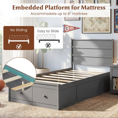 Twin Bed with 2 Storage Drawers, Panelled Headboard and Enclosed Base, Grey