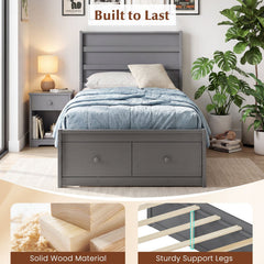 Twin Bed with 2 Storage Drawers, Panelled Headboard and Enclosed Base, Grey