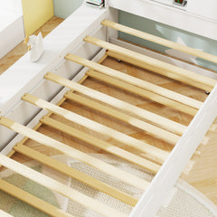 Twin Size Bed Frame with Trundle and Power Outlets-White